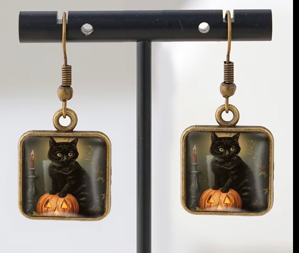 Black Cat Halloween Dangle Earrings Antique Bronze Tone Square Frame